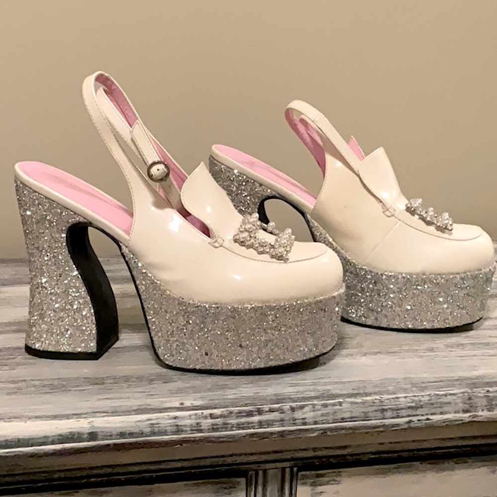 Sugar Thrillz White Patent leather glitter slingback heel